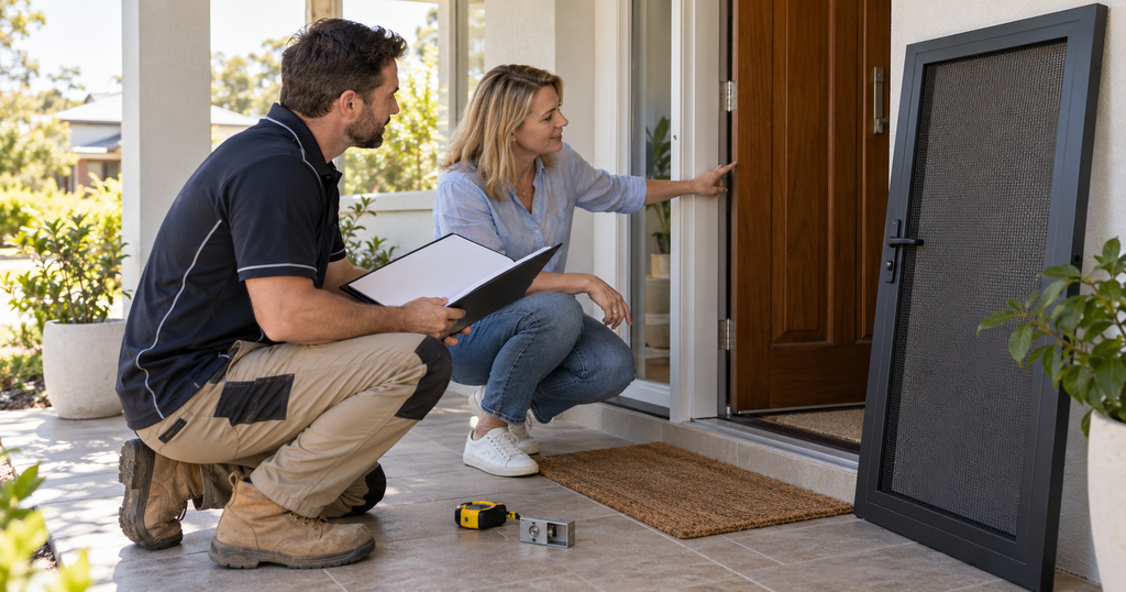 security screen door with an installer at the home’s front entry