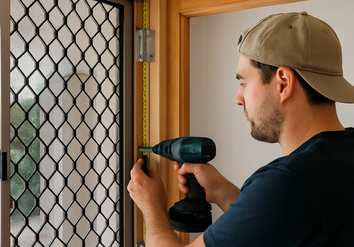 A tradesperson installing a security door
